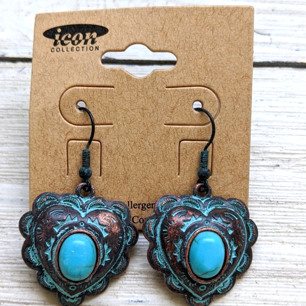 Boho Festival Patina Turquoise Heart Stone Earring